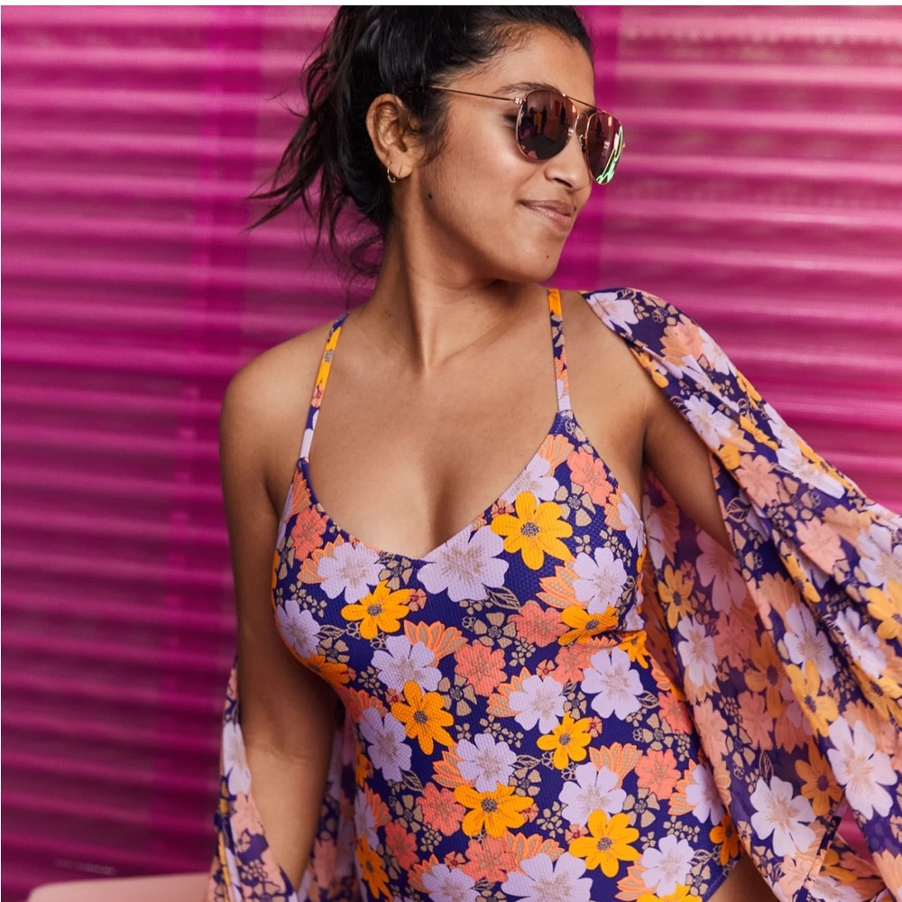 AERIE Pique Floral Strappy Back One Piece Swimsuit